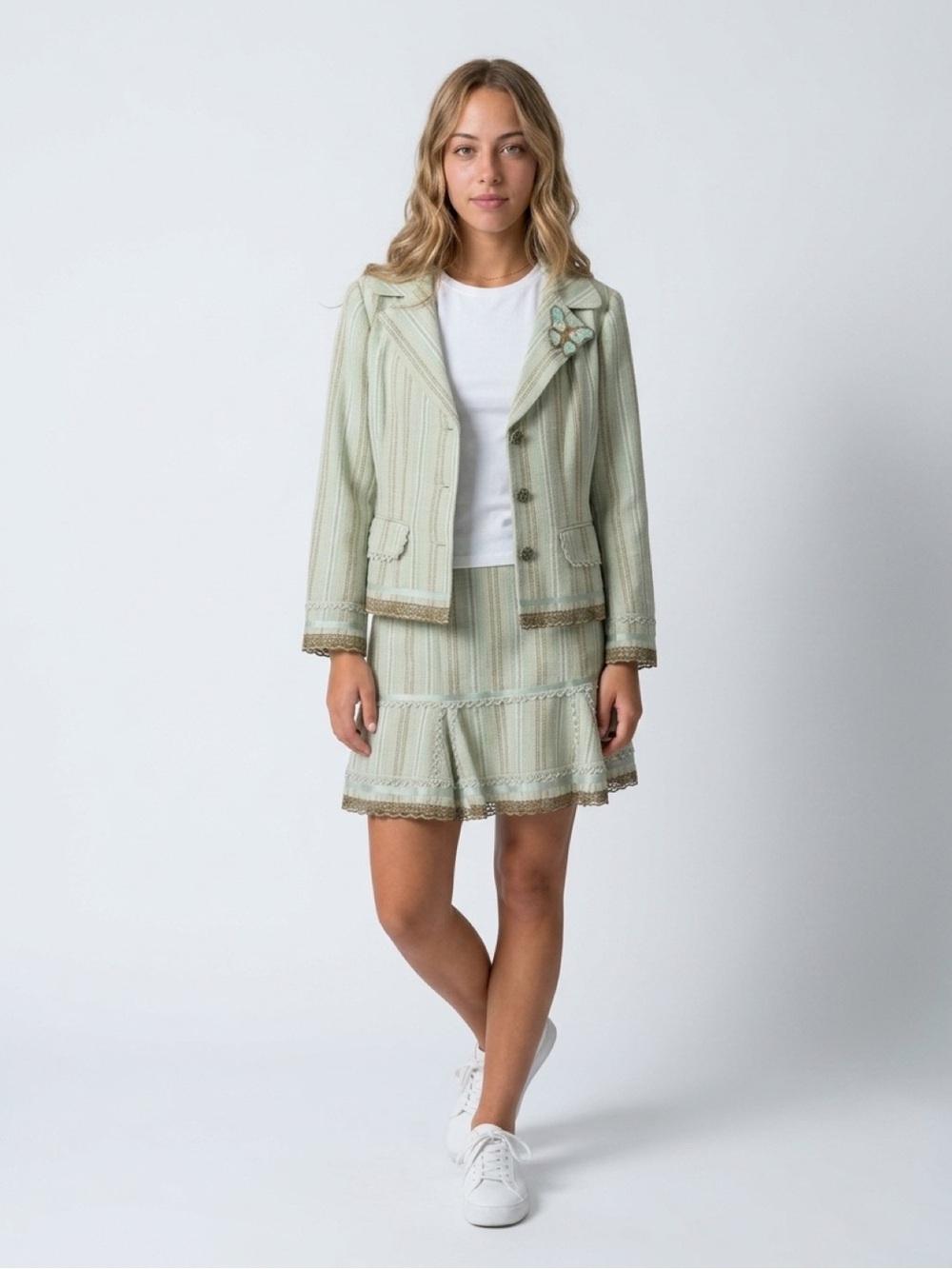 Elegant Sage Green striped Jacket & Skirt Set – Embellished Trim Boutique Style